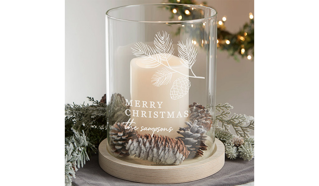 Personalization Mall Festive Foliage Personalized Christmas Hurricane with Whitewashed Wood Base